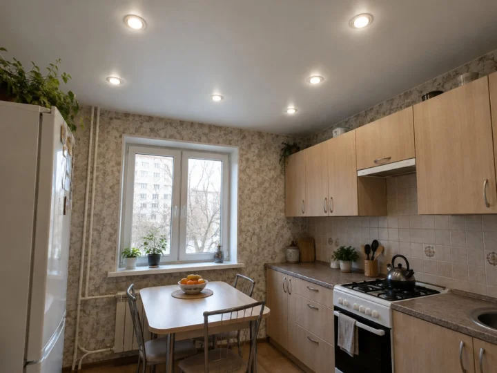 Маленькая кухня, матовый потолок с точечными — Судогда
